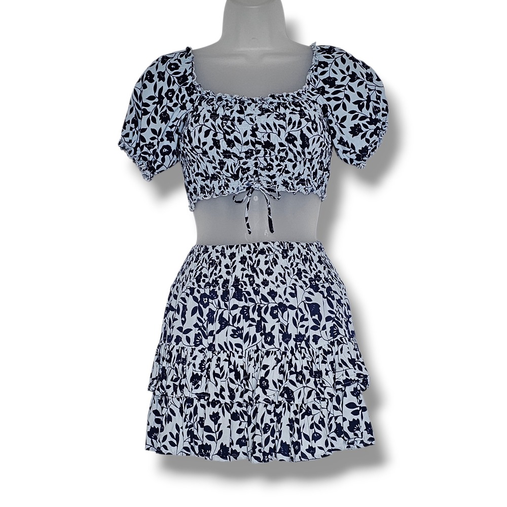 Keliki Hawaii Mini Skirt Set XS Navy Blue Floral Smocked Crop Top Tiered Boho
